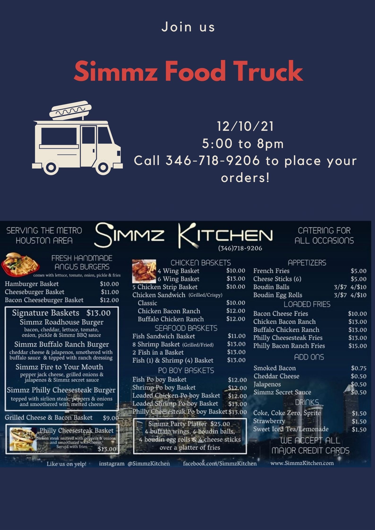 Apartments For Rent Midtown Houston Flyer for Simmz Food Truck on 12/10/21 from 5:00 to 8:00 pm. Call 346-718-9206 to place orders. Features menu items and phone-in order instructions.