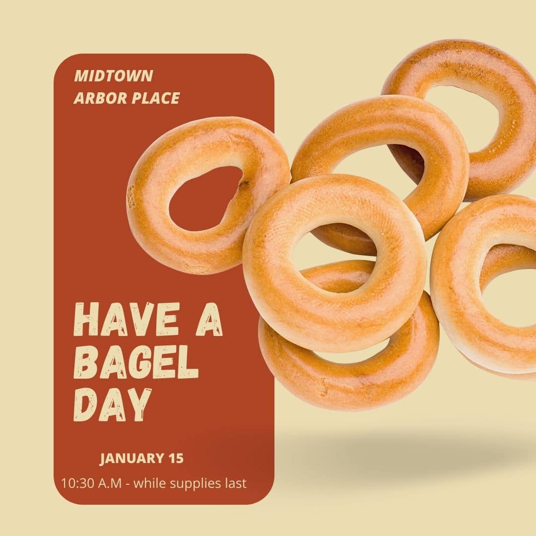 Apartments For Rent Midtown Houston Poster for a "Have a Bagel Day" event at Midtown Arbor Place on January 15, starting at 10:30 A.M. Features several plain bagels.