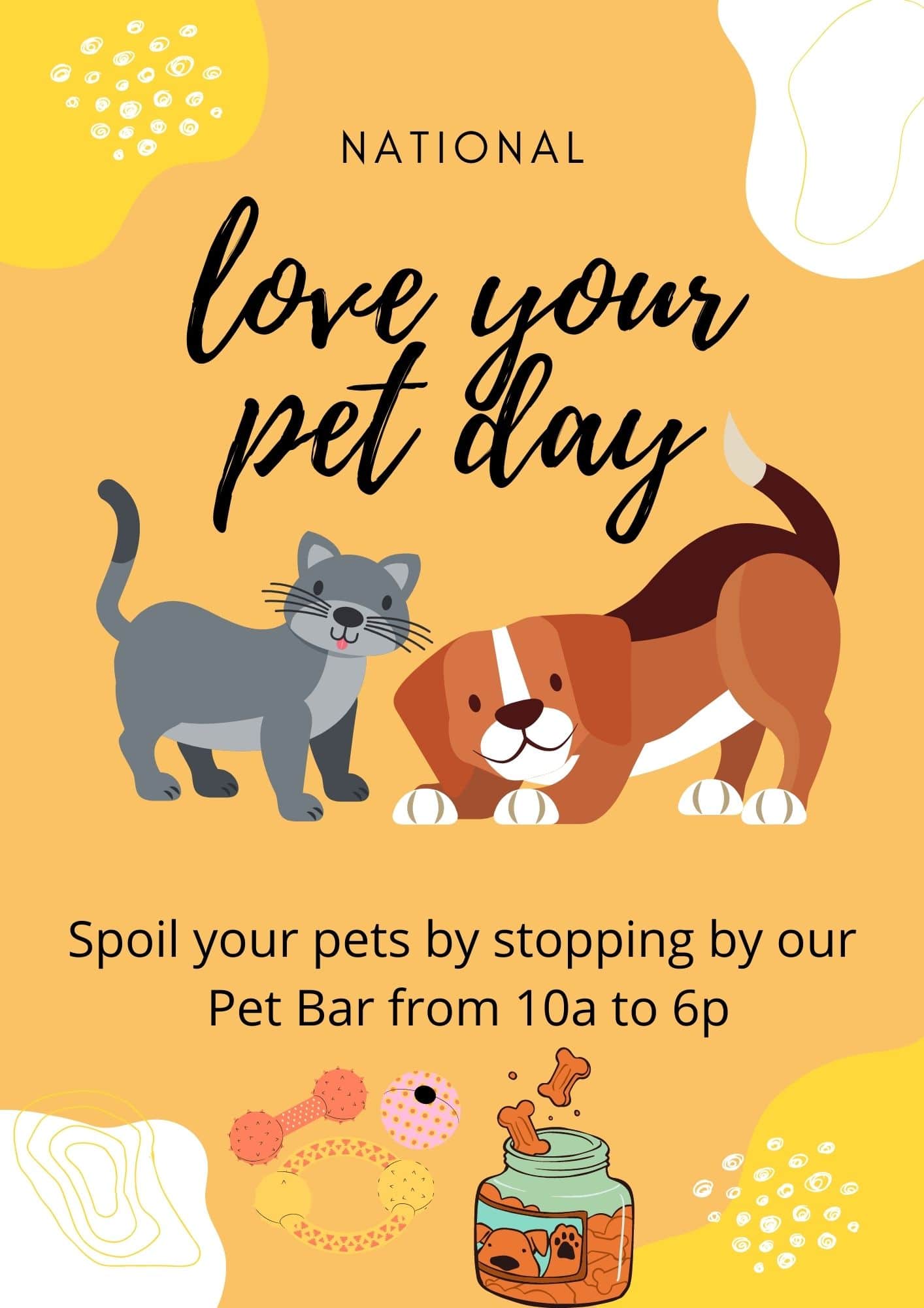 Apartments For Rent Midtown Houston Poster for "National Love Your Pet Day" featuring a cat and a dog. Text reads, "Spoil your pets by stopping by our Pet Bar from 10a to 6p." Various pet-themed graphics are around the poster.