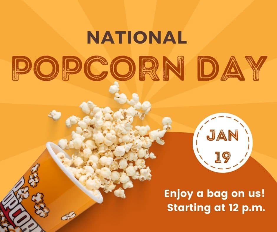 Apartments For Rent Midtown Houston Orange and yellow graphic with a popcorn bucket and popcorn spilling out, promoting National Popcorn Day on January 19. Text reads, "Enjoy a bag on us! Starting at 12 p.m.