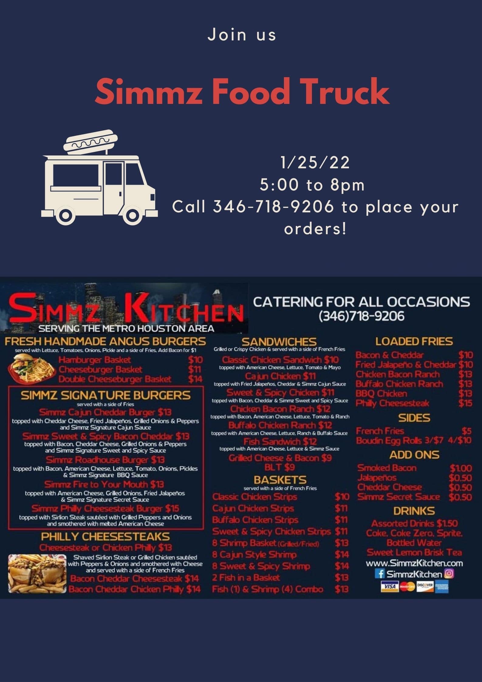 Apartments For Rent Midtown Houston Flyer for Simmz Food Truck with hours (5:00 pm to 8:00 pm) on 1/25/22, phone number for orders (346-718-9206), and menu items including burgers, sandwiches, baskets, loaded fries, and cheesesteaks.