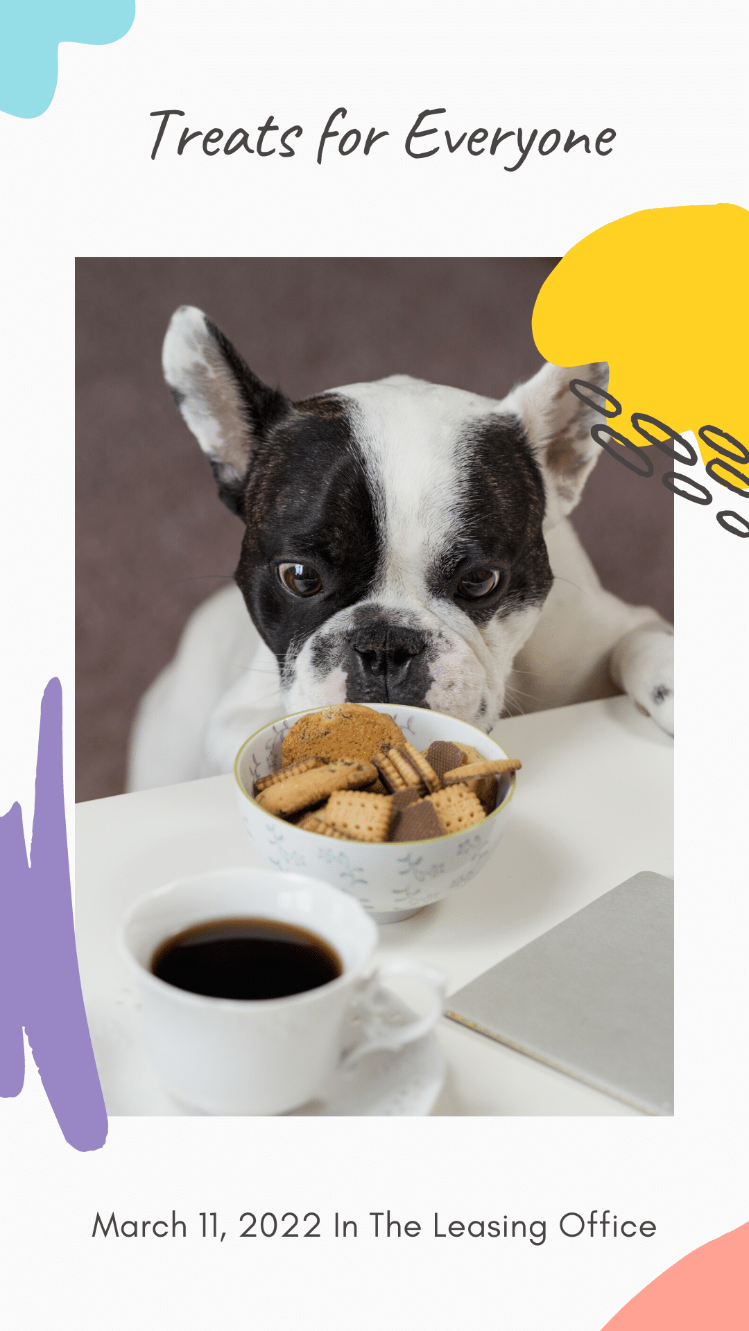 Apartments For Rent Midtown Houston A black and white dog looks at a bowl of biscuits on a table. A cup of coffee and a notebook are nearby. Text above reads "Treats for Everyone" and below reads "March 11, 2022 In The Leasing Office.