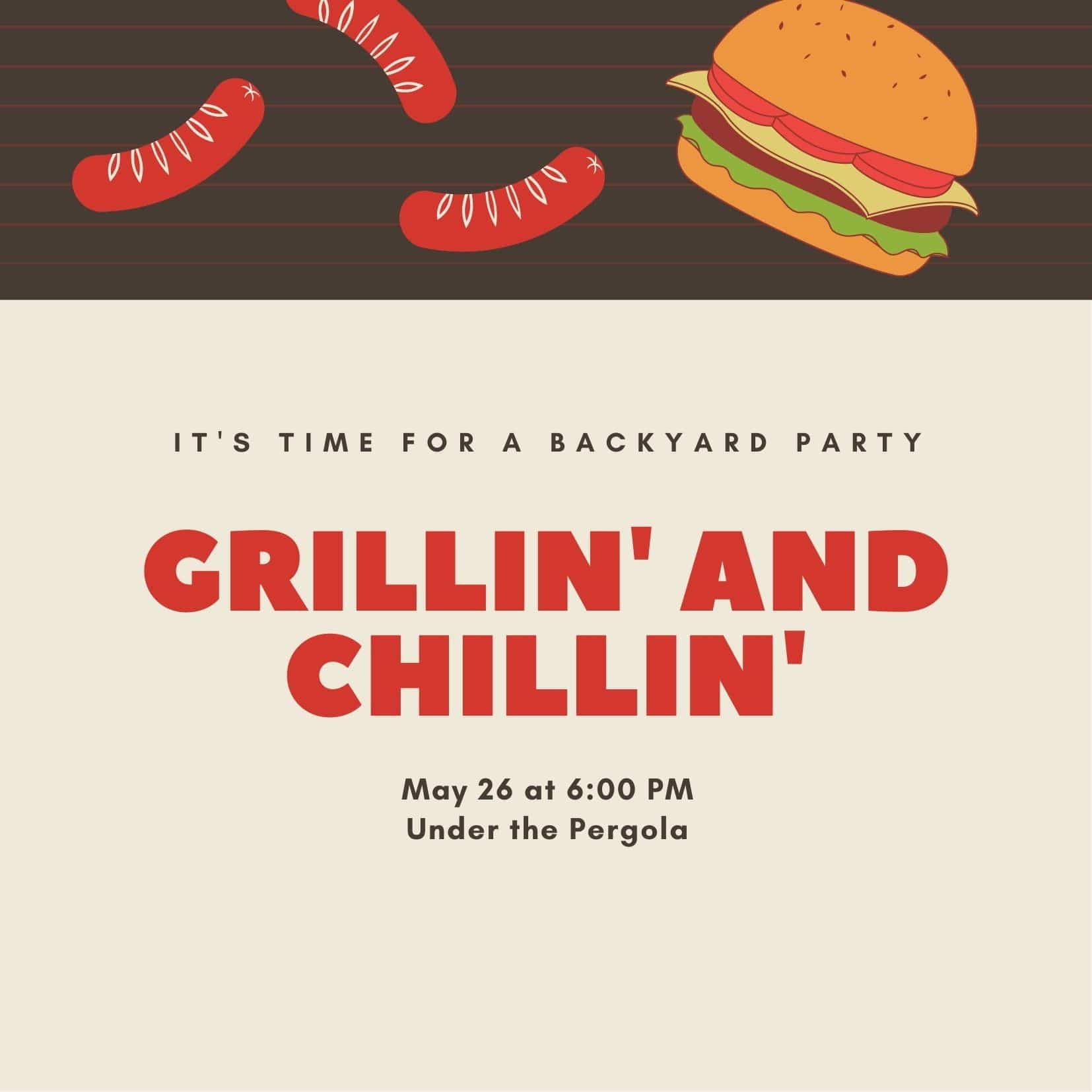 Apartments For Rent Midtown Houston Flyer for a backyard party titled "Grillin' and Chillin'" with images of hot dogs and a burger. Event date: May 26 at 6:00 PM, location: Under the Pergola.