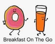 Apartments For Rent Midtown Houston A cartoon pink frosted donut and a glass of orange juice, both with smiling faces and arms and legs, are depicted walking together under the text "Breakfast On The Go.